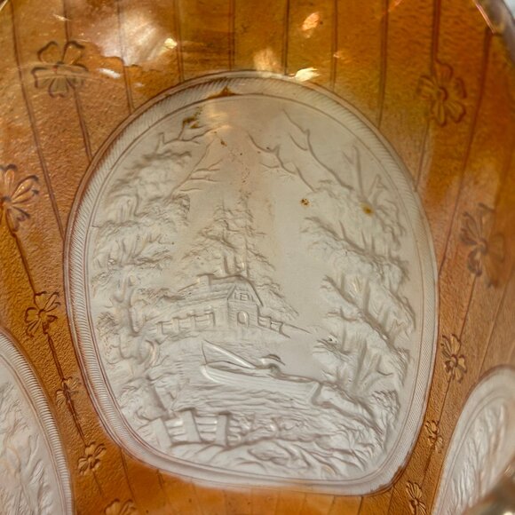 Vintage Marigold Carnival Glass Windmill Scene Pitcher Iridescent Orange - Picture 9 of 10